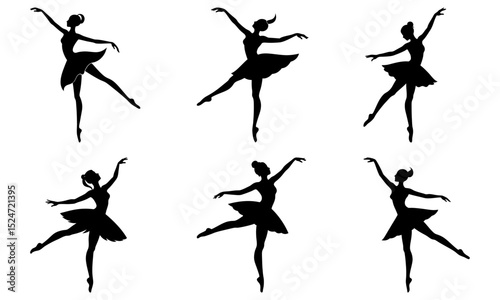 Six ballerina silhouettes in various dance poses on a white background