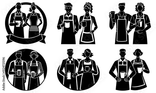 Black and white vector illustrations of couples wearing aprons holding mugs