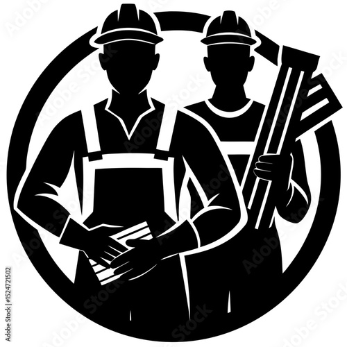 Two construction workers in silhouette wearing hard hats and overalls