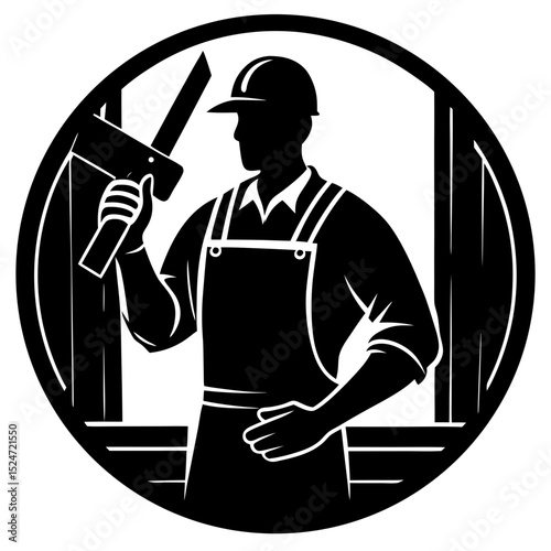 Silhouette of a construction worker holding a hammer in a circular frame
