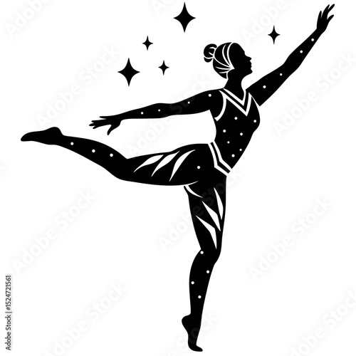 Silhouette of a woman in a dance pose with stars and patterned suit