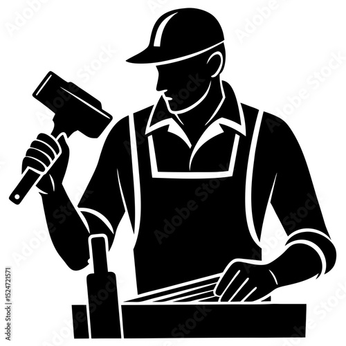 Carpenter working with wood and hammer in a workshop silhouette style