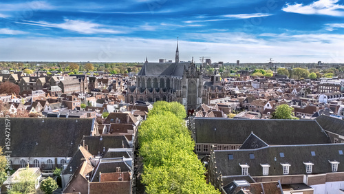 Leiden town aerial drone view from above, typical Dutch city skyline with canals and houses, Leiden architecture, South Holland, the Netherlands