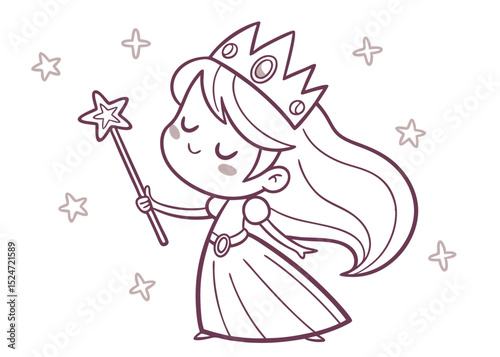 Line Art Illustration of Princess,  Fairy – Coloring Book Page and Drawing Book for Kids Fantasy