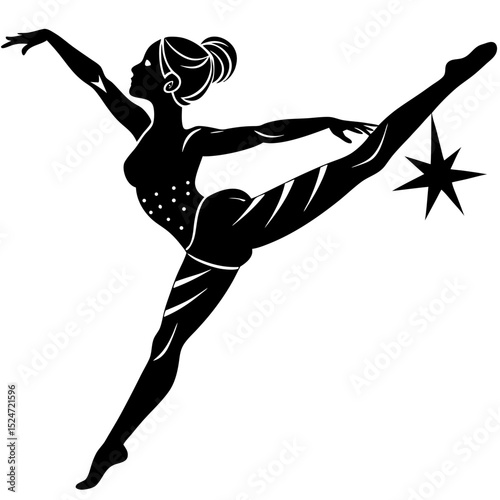 Silhouette of a woman in a ballet pose with a star on her leg black