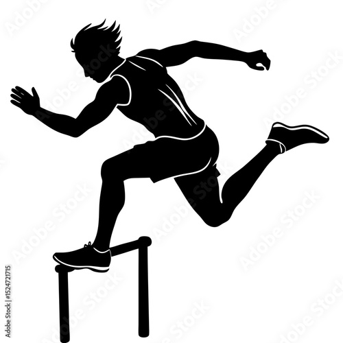 Silhouette of a man in motion jumping over a hurdle in black and white