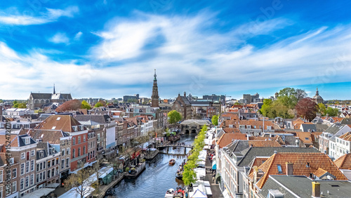 Leiden town aerial drone view from above, typical Dutch city skyline with canals and houses, Leiden architecture, South Holland, the Netherlands