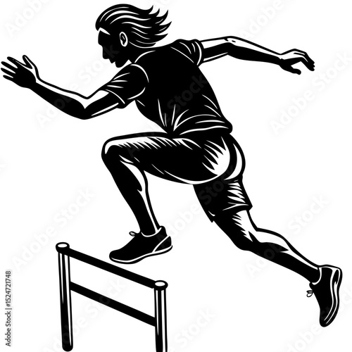 Silhouette of athlete jumping over hurdle in black and white style art