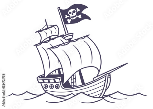 Line Art Illustration of Pirat,  Pirate Ship – Coloring Book Page and Drawing Book for Kids Adventure and Nautical Activity