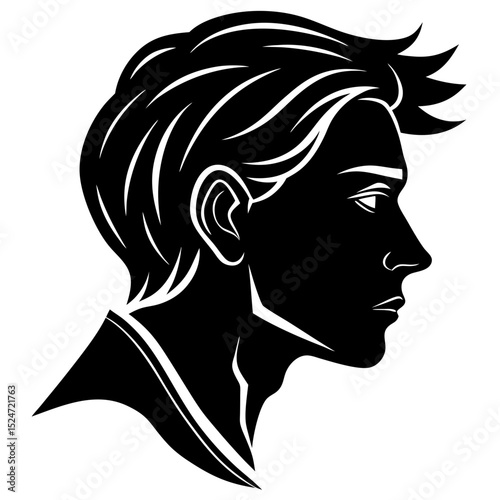 Silhouette of a man s head in profile with stylized hair and features
