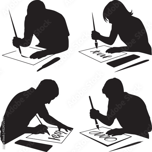 Four silhouettes of people writing calligraphy with brushes on paper against white background