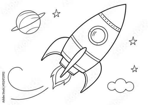 Line Art Illustration of Rocket – Coloring Book Page and Drawing Book for Kids Space and Science Activity