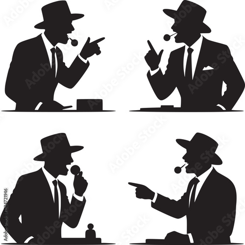 Four silhouettes of men in suits and hats with cigars pointing and speaking on a white background