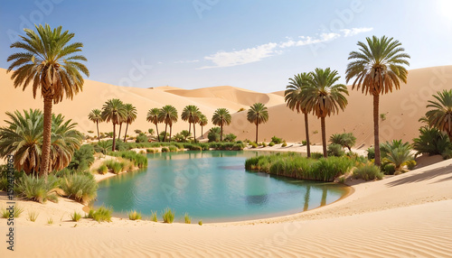 A stunning photorealistic image of a hidden oasis in the middle of a vast desert