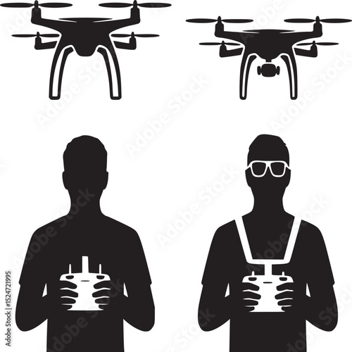Two drone illustrations above two silhouetted figures holding remote controls on a white background