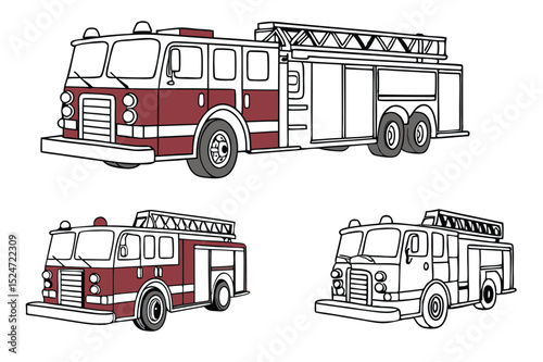 Line Art Illustration of Fire Truck and Fire Rescue – Coloring Book Page and Drawing Book for Kids Emergency Vehicle Activity