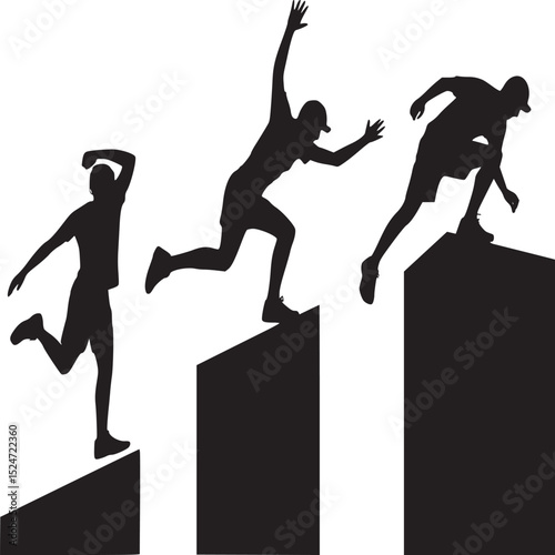 Three silhouetted figures jumping over black blocks against a bright white background illustration