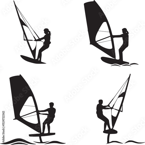 Four windsurfing silhouettes in black and white showing different styles and positions on the water
