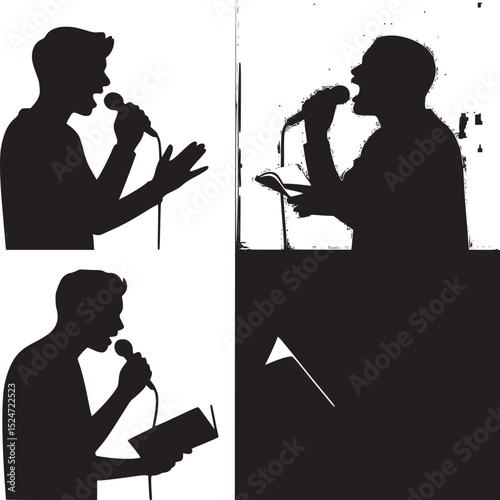 Four silhouettes of people speaking into microphones in different colored square backgrounds