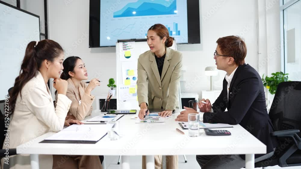Group of Asian business people standing in a meeting, on the table there are documents, graphs, calculators, meeting for investment, business.