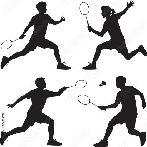 Four badminton players in action silhouettes against a white background showing dynamic poses and movement