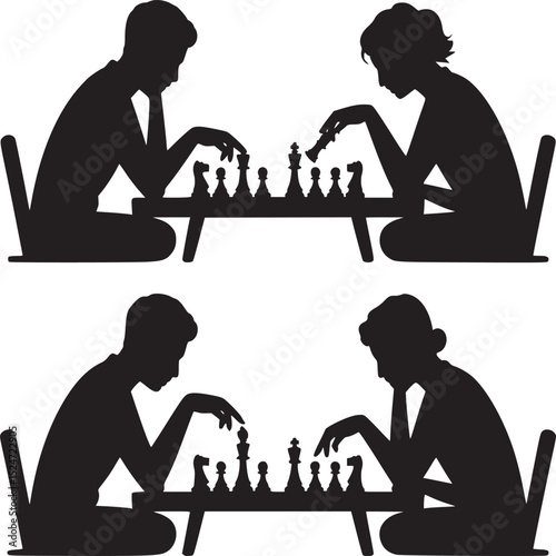Two pairs of silhouetted figures playing chess against each other on a white isolated background