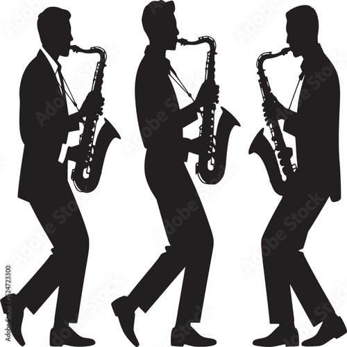 Three silhouetted musicians playing saxophones in a coordinated performance on a white background