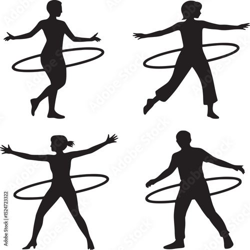 Four silhouettes of people hula hooping with arms outstretched on a white background in a square design