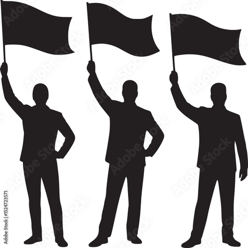 Three silhouetted figures holding flags aloft in a show of solidarity and demonstration artfully done