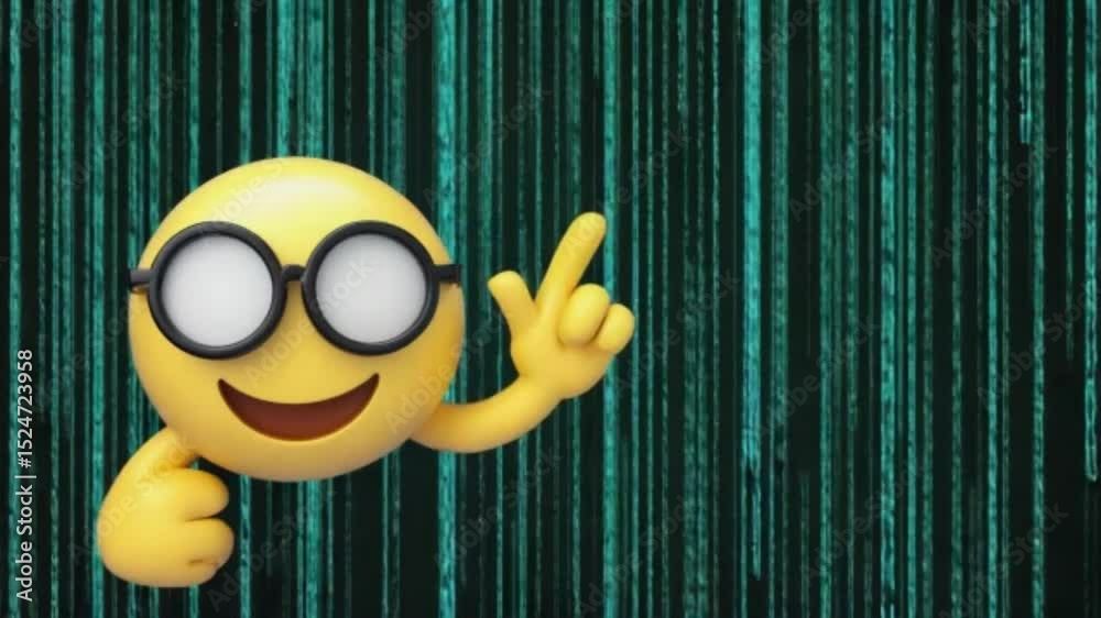 Smiling Nerd Emoji Making Peace Sign on Green Screen