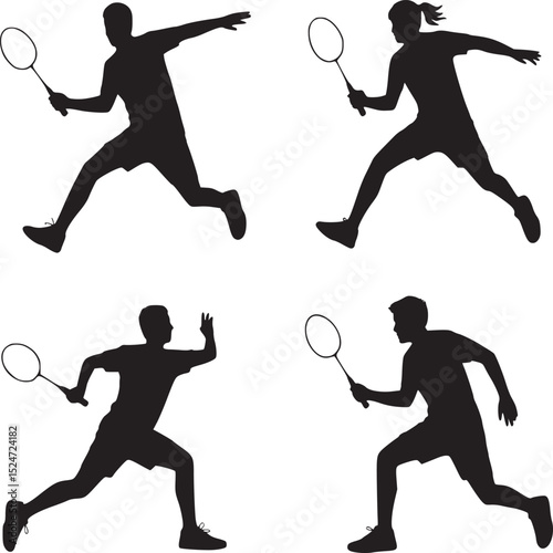 Four badminton player silhouettes in action poses against a white background in a square arrangement