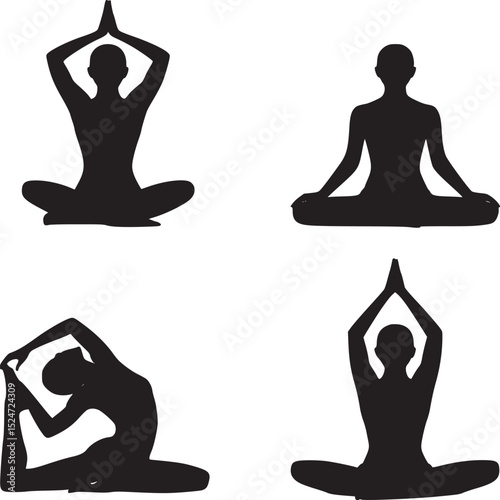 Four yoga poses silhouettes on a white background showing different asanas and body positions in black