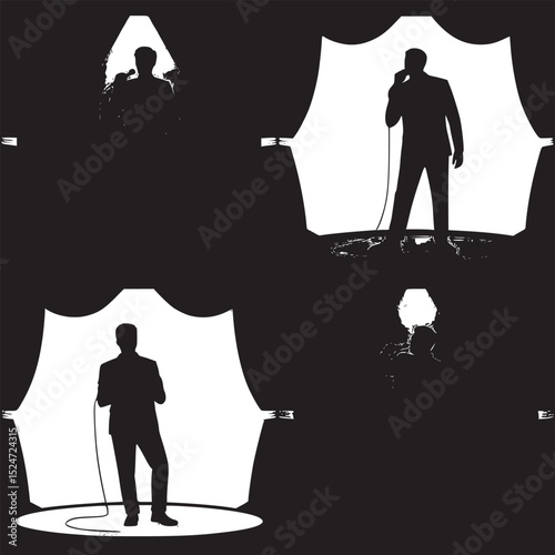 Four silhouettes of performers on stages with different colored backdrops and curtains vector art