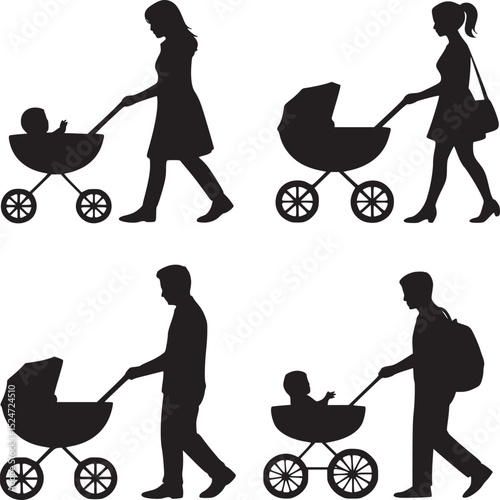 Silhouettes of parents with strollers and babies in black and white family lifestyle illustration art