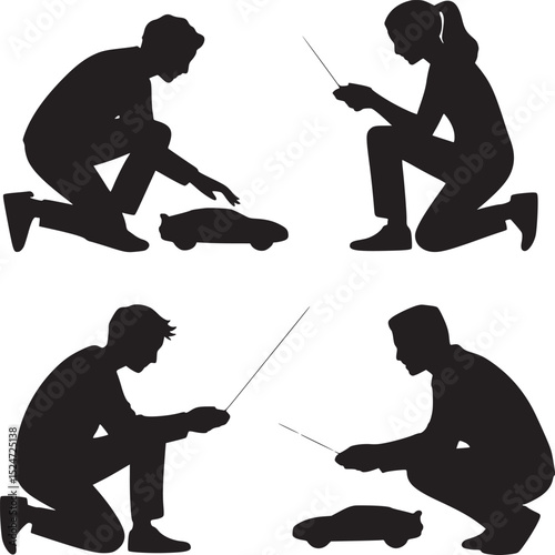 Silhouettes of people kneeling with toy cars and remote controls on a white background in a square layout