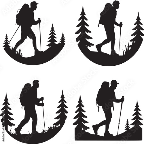 Four black silhouette hiker illustrations with backpacks and hiking poles in nature scenes design