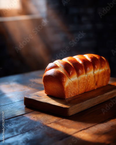 Freshly baked loaf of bread with golden crust sits warmly on wooden cutting board in soft sunlight photo