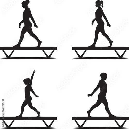 Four silhouettes of gymnasts on balance beams performing different poses against white background