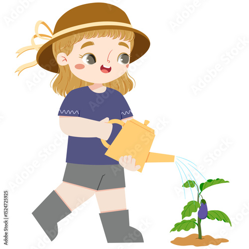 Cute european girl with grey eyes watering eggplant in farmingland at summer time