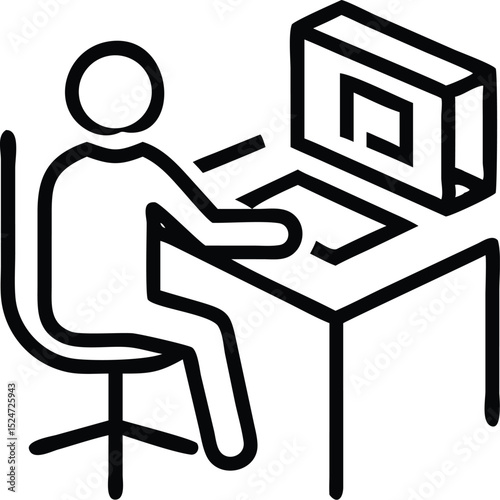 Person Working at a Computer Desk, Line Art Style