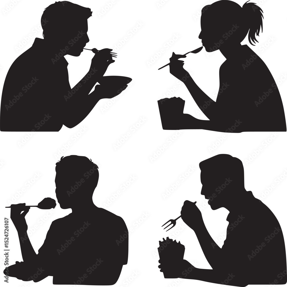 Silhouettes of four people eating food with forks and spoons in various poses on a white background Silhouettes of four people eating food with forks and spoons in various poses on a white background