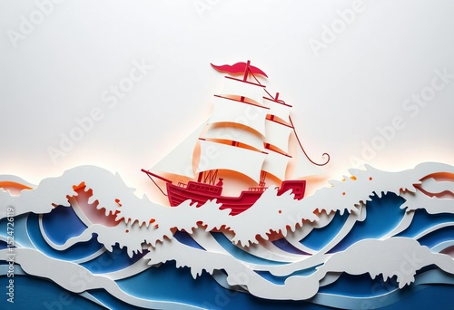 Intricate paper cut of a ship navigating turbulent ocean waves,  weather,  deep