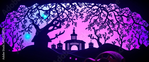 Intricate paper cutouts illuminated by vibrant purple and blue light, neon, paper craft