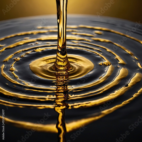 Golden liquid dropping into dark surface creating ripples