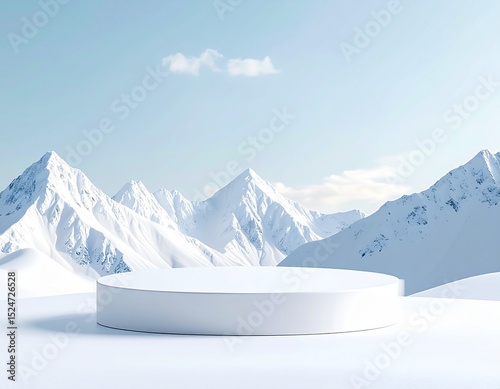 White product podium display stand with mountain backdrop for winter sale