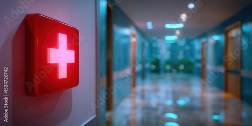 Red emergency light with medical cross sign glowing in hospital corridor with blurred background and reflective floor