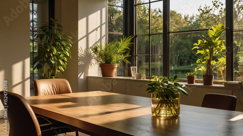 Sunlit dining room with plants and modern chairs
