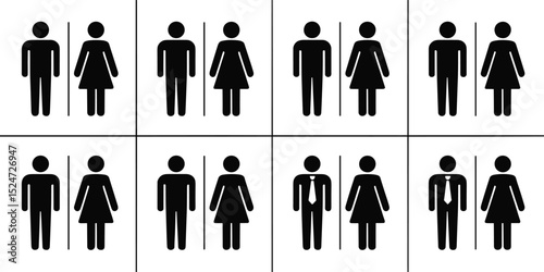 Male and female restroom symbols vector, gender pictograms, toilet signage, black icon silhouettes, bathroom door signs, simple graphic illustration
