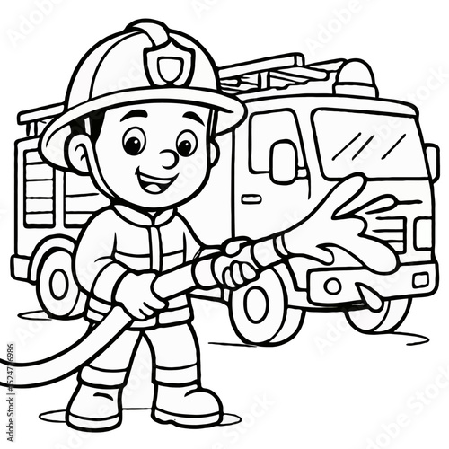 Young Firefighter Holding Hose with Fire Truck - Hero and Public Service Coloring Page