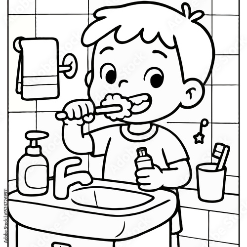 Cute Boy Brushing Teeth at Bathroom Sink - Daily Hygiene and Morning Routine Coloring Page
